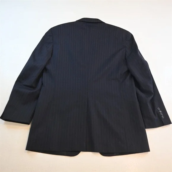 Vtg Y2K Boxy 2000s 42R 33x32 Navy Blue Striped 100% Wool Mens Jacket Pants Suit